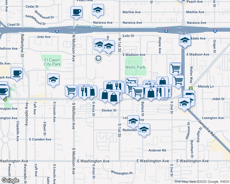 map of restaurants, bars, coffee shops, grocery stores, and more near 166 North 1st Street in El Cajon