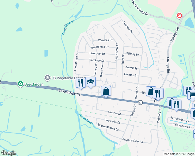 map of restaurants, bars, coffee shops, grocery stores, and more near 724 Swan Avenue in Charleston