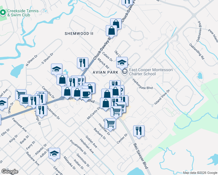 map of restaurants, bars, coffee shops, grocery stores, and more near 1351 Cassidy Court in Mount Pleasant