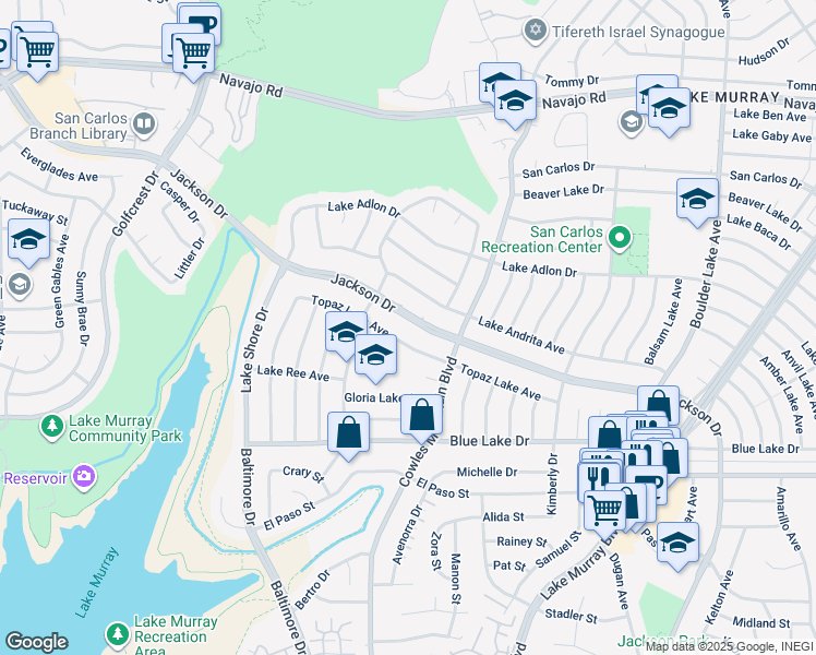 map of restaurants, bars, coffee shops, grocery stores, and more near 6902 Jackson Dr in San Diego