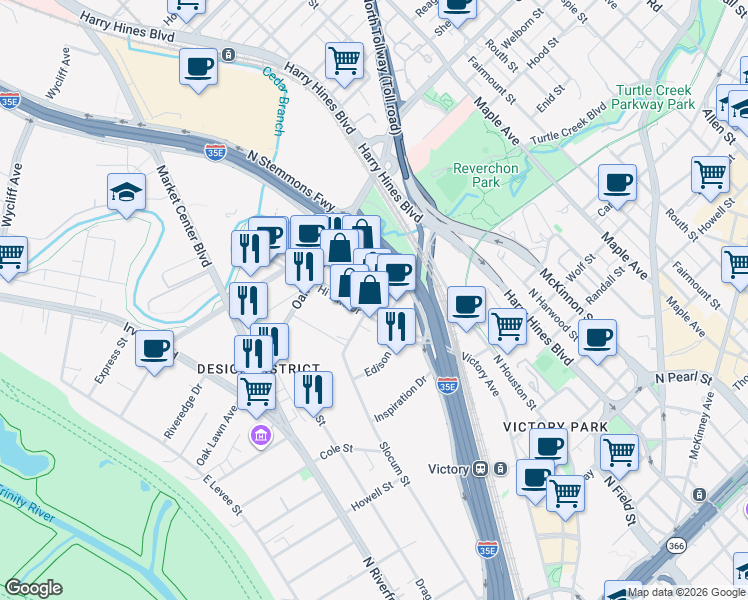 map of restaurants, bars, coffee shops, grocery stores, and more near 1532 Hi Line Drive in Dallas