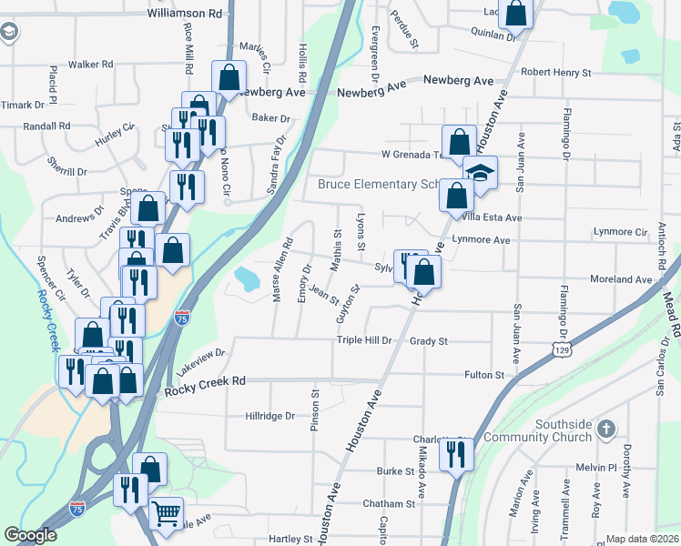 map of restaurants, bars, coffee shops, grocery stores, and more near 3914 Mathis Street in Macon