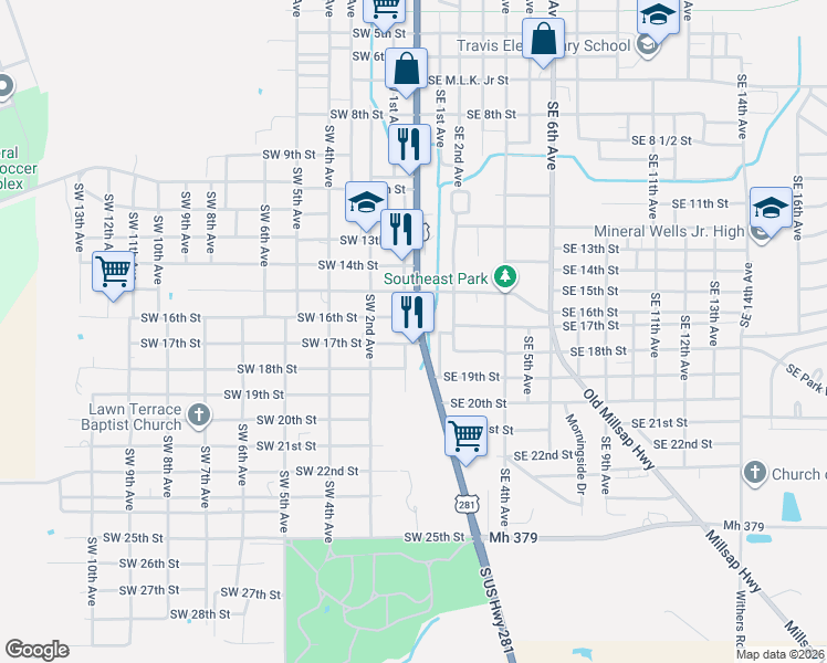 map of restaurants, bars, coffee shops, grocery stores, and more near 201 Southwest 16th Street in Mineral Wells