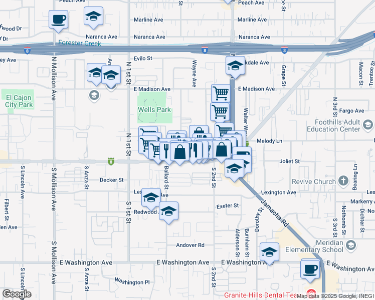map of restaurants, bars, coffee shops, grocery stores, and more near 133 Orlando Street in El Cajon