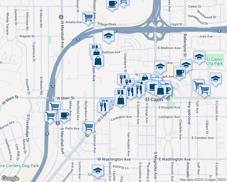 map of restaurants, bars, coffee shops, grocery stores, and more near 170 Chambers Street in El Cajon