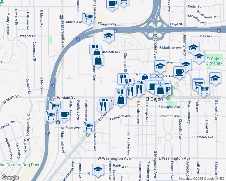 map of restaurants, bars, coffee shops, grocery stores, and more near 170 Chambers Street in El Cajon