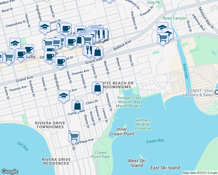 map of restaurants, bars, coffee shops, grocery stores, and more near 1958 Pacific Beach Drive in San Diego