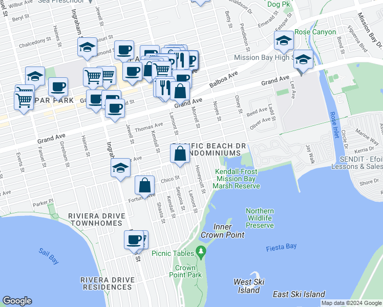 map of restaurants, bars, coffee shops, grocery stores, and more near 1958 Pacific Beach Drive in San Diego