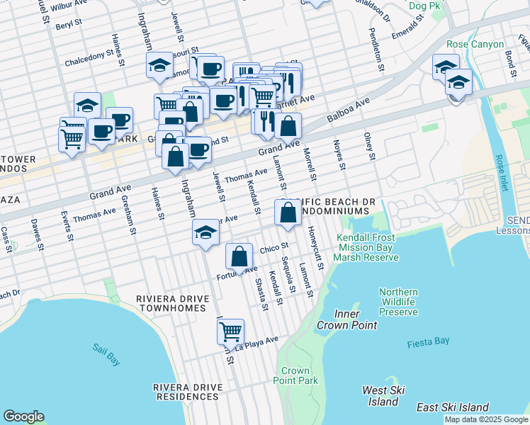 map of restaurants, bars, coffee shops, grocery stores, and more near 1804 Oliver Avenue in San Diego