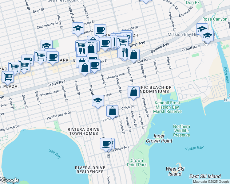 map of restaurants, bars, coffee shops, grocery stores, and more near 1732 Oliver Avenue in San Diego