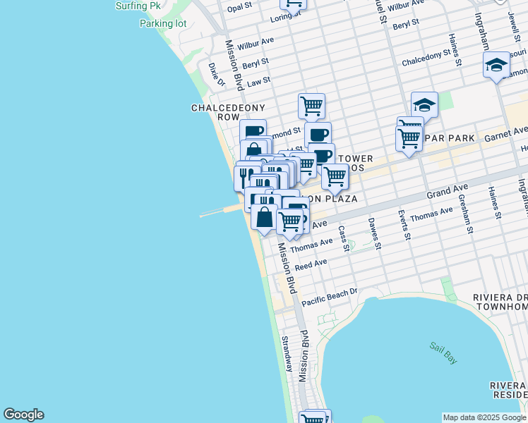 map of restaurants, bars, coffee shops, grocery stores, and more near 4500 Ocean Boulevard in San Diego