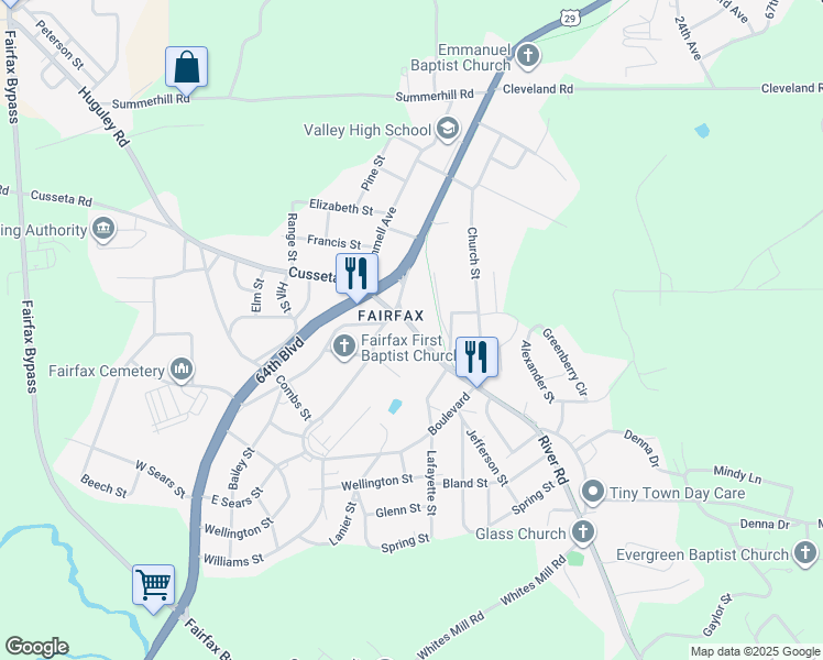 map of restaurants, bars, coffee shops, grocery stores, and more near 102 Boulevard in Valley
