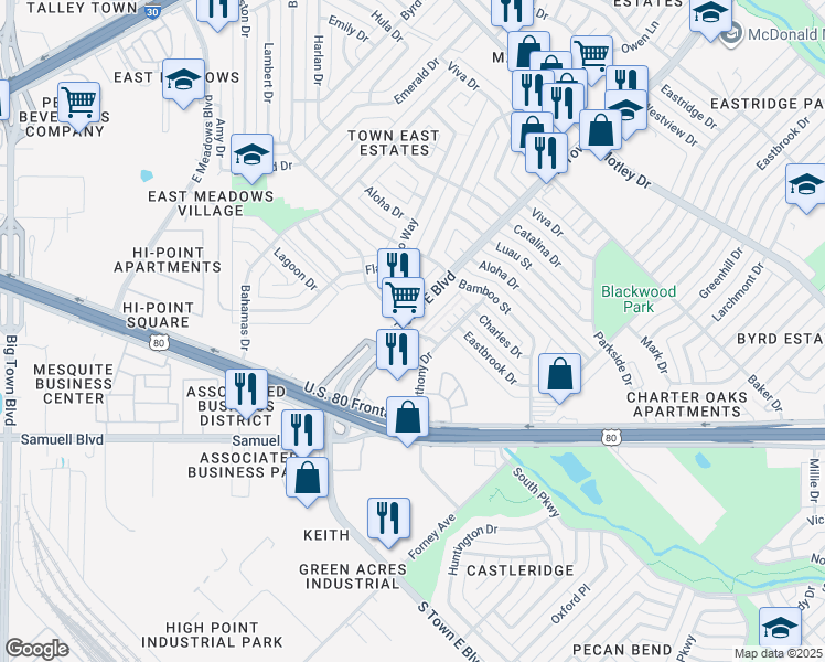 map of restaurants, bars, coffee shops, grocery stores, and more near 2136 North Town East Boulevard in Mesquite