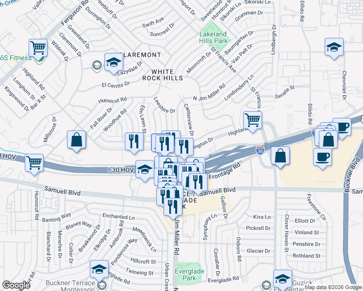 map of restaurants, bars, coffee shops, grocery stores, and more near 3116 Sharpview Lane in Dallas