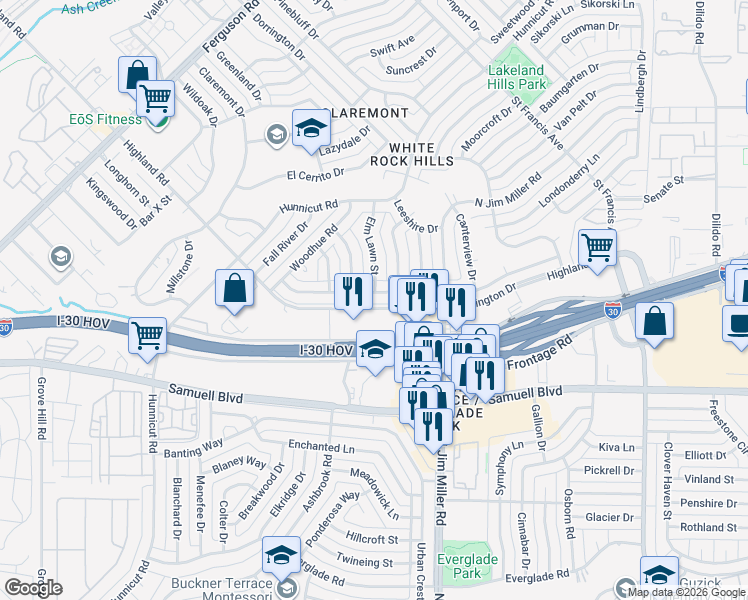 map of restaurants, bars, coffee shops, grocery stores, and more near 2808 Sharpview Lane in Dallas