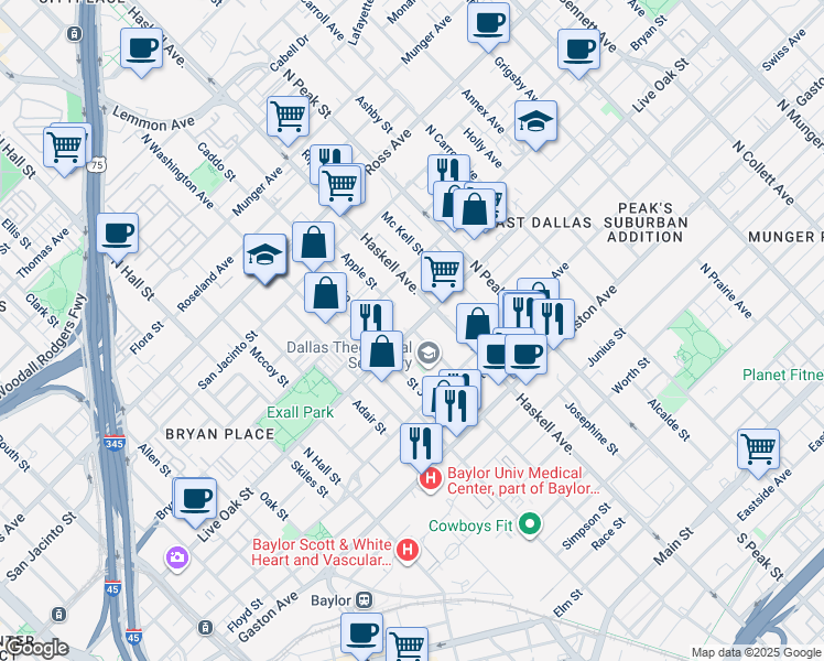 map of restaurants, bars, coffee shops, grocery stores, and more near 1346 Apple Street in Dallas