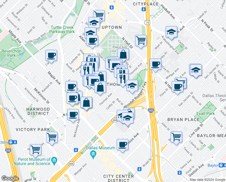 map of restaurants, bars, coffee shops, grocery stores, and more near 2801 Thomas Avenue in Dallas
