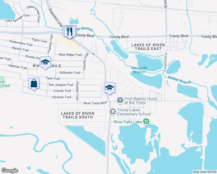 map of restaurants, bars, coffee shops, grocery stores, and more near 2645 Trinity Trail Way in Fort Worth