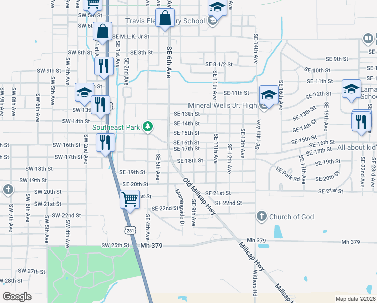 map of restaurants, bars, coffee shops, grocery stores, and more near 912 Southeast 17th Street in Mineral Wells