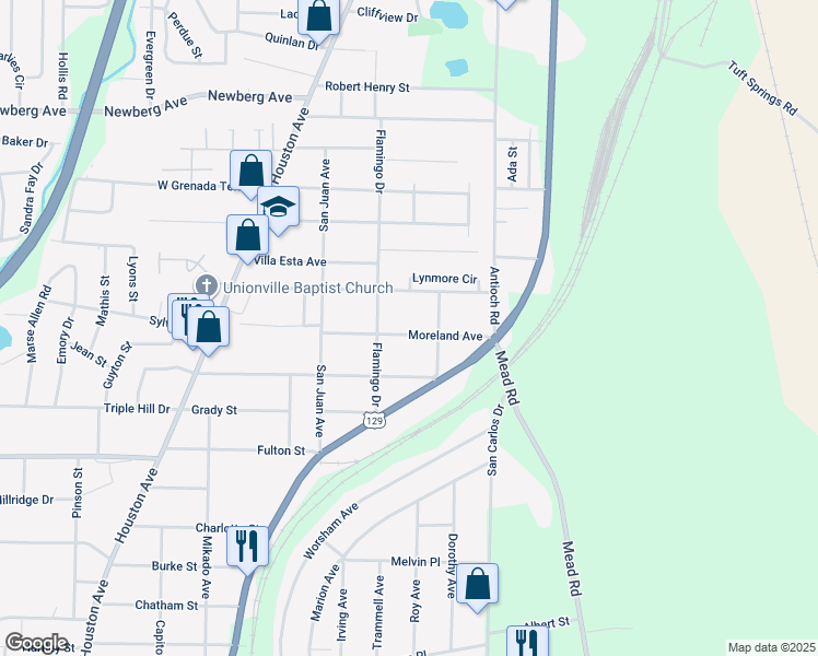 map of restaurants, bars, coffee shops, grocery stores, and more near 577 Moreland Avenue in Macon