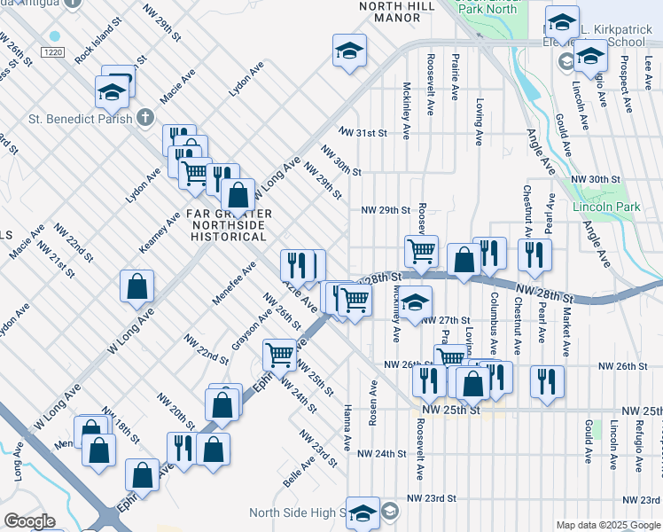 map of restaurants, bars, coffee shops, grocery stores, and more near 2421 Northwest 28th Street in Fort Worth