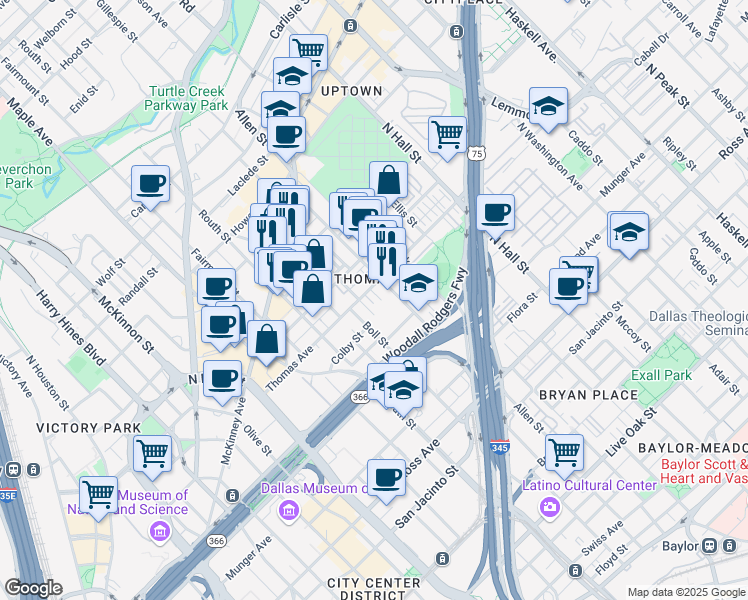 map of restaurants, bars, coffee shops, grocery stores, and more near 2801 Thomas Avenue in Dallas