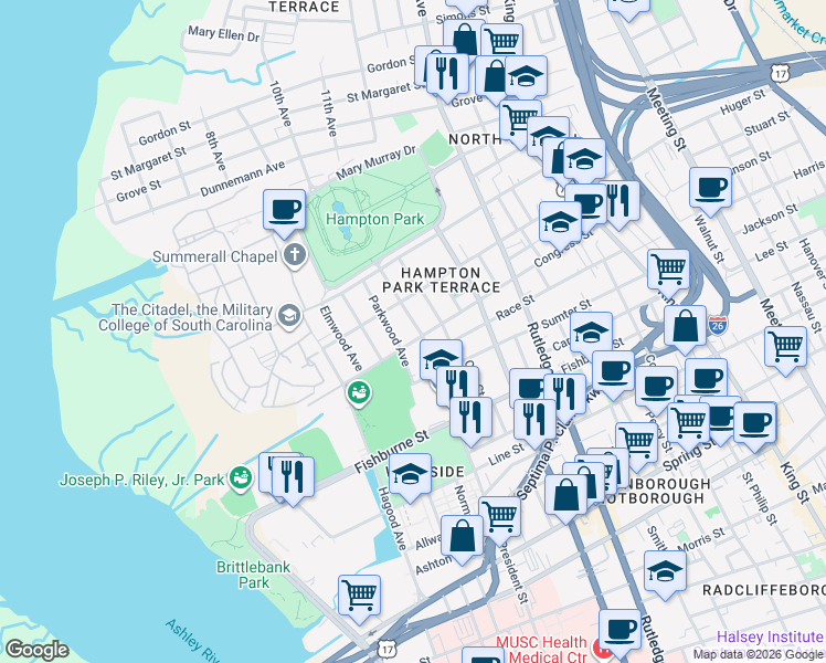 map of restaurants, bars, coffee shops, grocery stores, and more near 327 President Street in Charleston