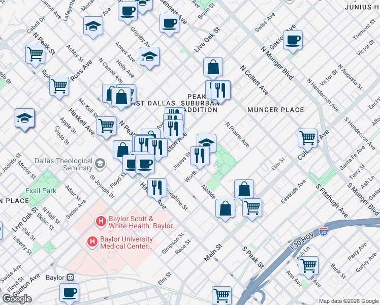 map of restaurants, bars, coffee shops, grocery stores, and more near Junius Street & North Carroll Avenue in Dallas