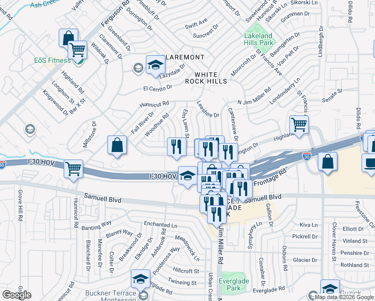map of restaurants, bars, coffee shops, grocery stores, and more near 2808 Sharpview Lane in Dallas