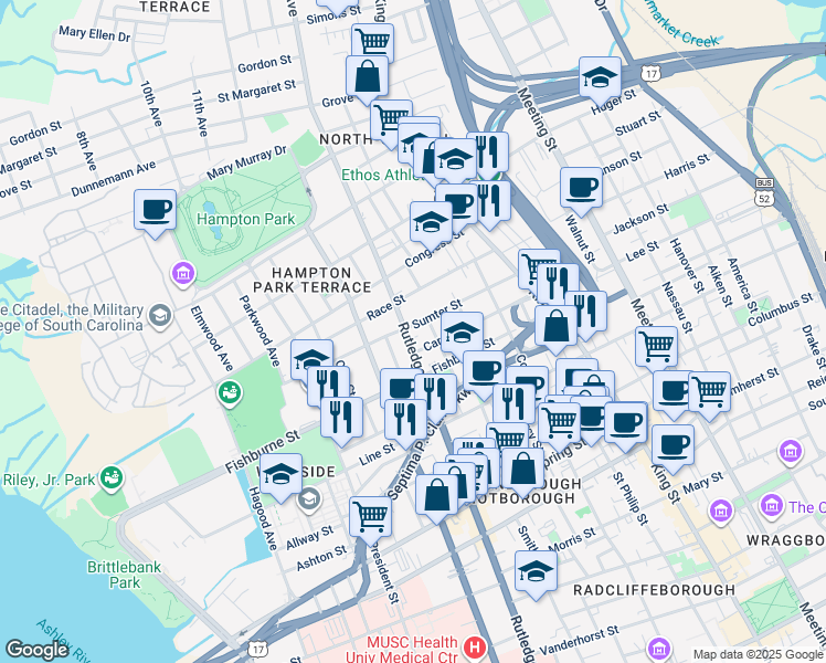 map of restaurants, bars, coffee shops, grocery stores, and more near 554 Rutledge Avenue in Charleston