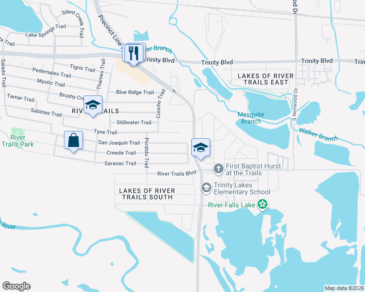 map of restaurants, bars, coffee shops, grocery stores, and more near 9130 San Joaquin Trail in Fort Worth