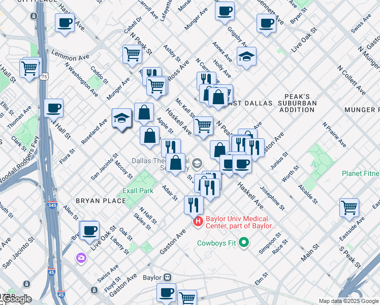 map of restaurants, bars, coffee shops, grocery stores, and more near 1346 Apple Street in Dallas