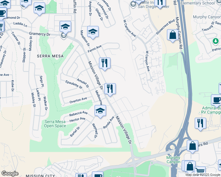 map of restaurants, bars, coffee shops, grocery stores, and more near 2747 Marathon Drive in San Diego