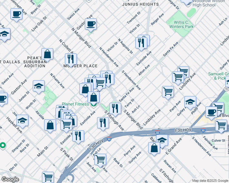 map of restaurants, bars, coffee shops, grocery stores, and more near 5010 Eastside Avenue in Dallas