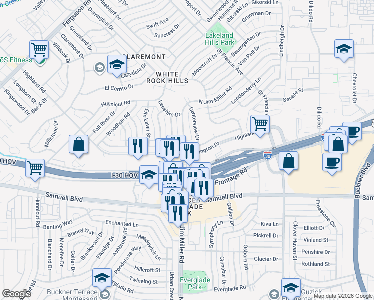 map of restaurants, bars, coffee shops, grocery stores, and more near 3116 Sharpview Lane in Dallas