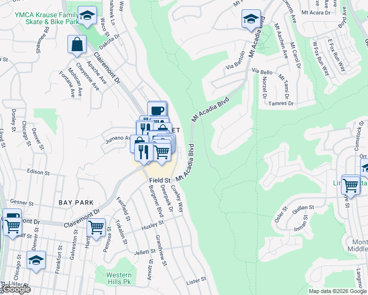 map of restaurants, bars, coffee shops, grocery stores, and more near 2939 Cowley Way in San Diego