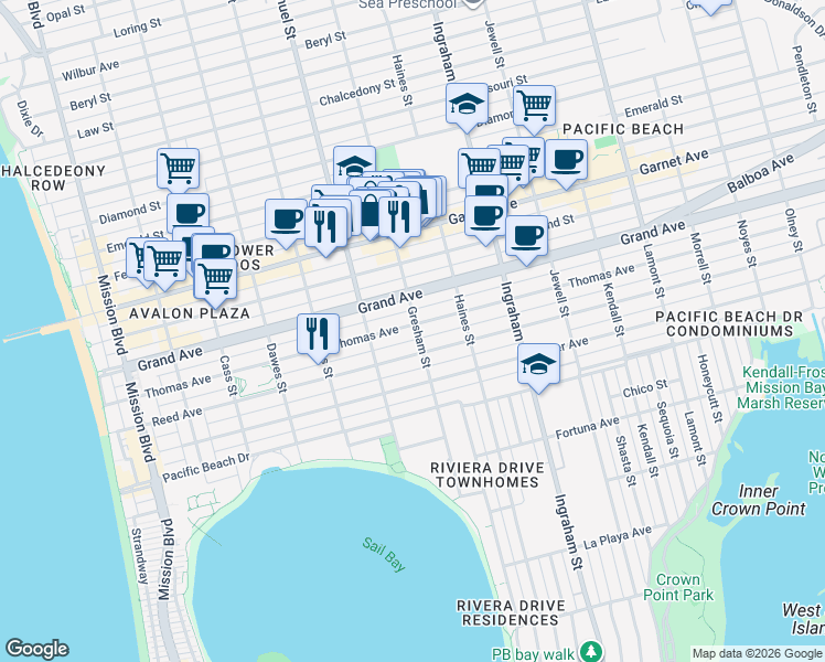 map of restaurants, bars, coffee shops, grocery stores, and more near 1377 Thomas Avenue in San Diego