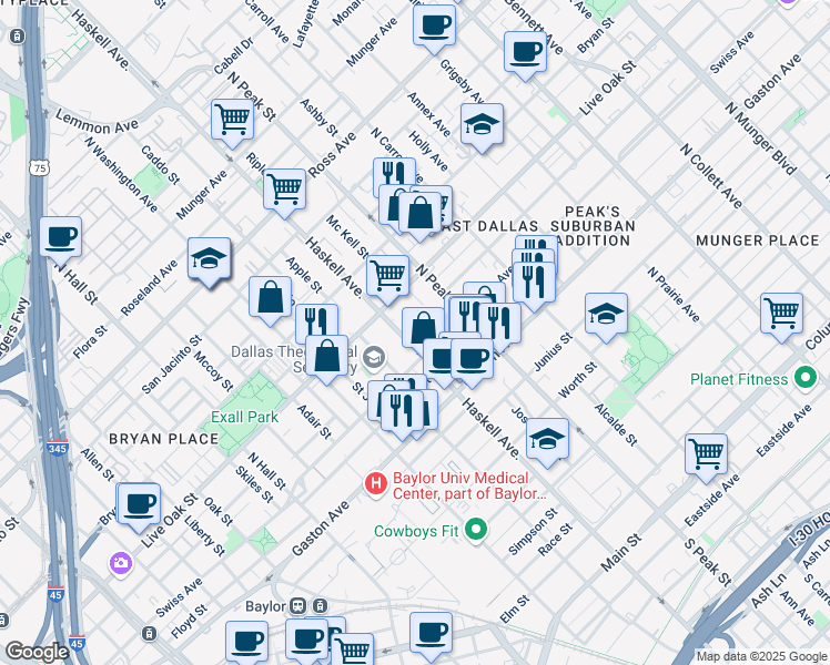 map of restaurants, bars, coffee shops, grocery stores, and more near 1190 North Haskell Avenue in Dallas
