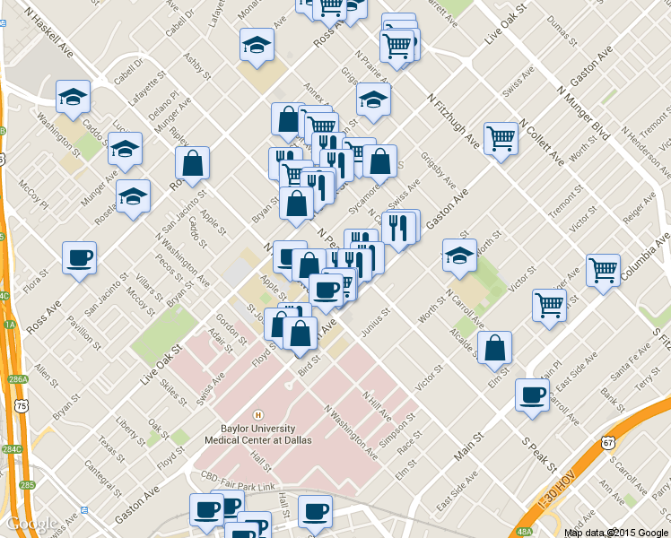map of restaurants, bars, coffee shops, grocery stores, and more near 1029 Cavour Place in Dallas