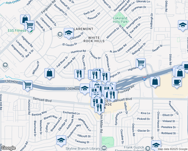 map of restaurants, bars, coffee shops, grocery stores, and more near 3014 Sharpview Lane in Dallas