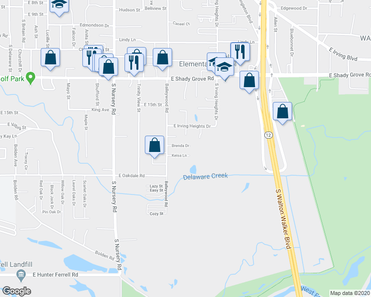 map of restaurants, bars, coffee shops, grocery stores, and more near 1428 Brenda Drive in Irving