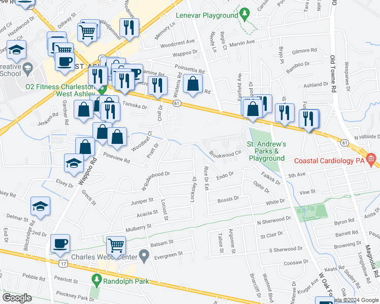 map of restaurants, bars, coffee shops, grocery stores, and more near 1029 Locksley Drive in Charleston