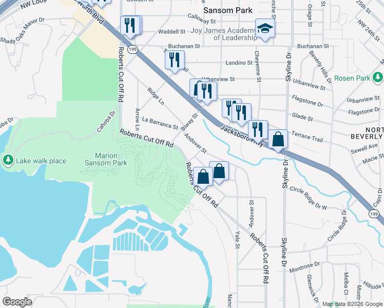 map of restaurants, bars, coffee shops, grocery stores, and more near 2300 Nina Marie Street in Fort Worth