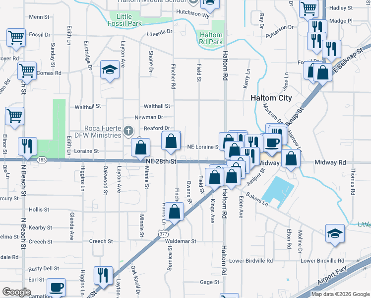 map of restaurants, bars, coffee shops, grocery stores, and more near 4914 Northeast Loraine Street in Haltom City