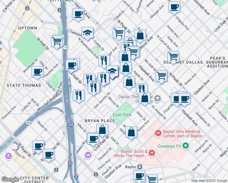 map of restaurants, bars, coffee shops, grocery stores, and more near 3608 San Jacinto Street in Dallas