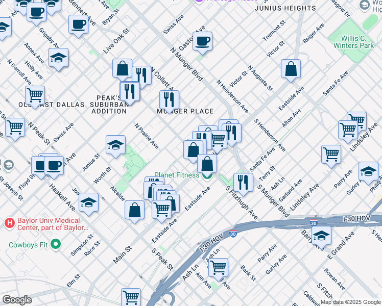 map of restaurants, bars, coffee shops, grocery stores, and more near 4830 Reiger Avenue in Dallas