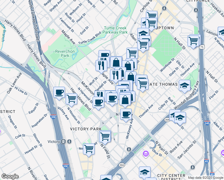 map of restaurants, bars, coffee shops, grocery stores, and more near 2305 Cedar Springs Road in Dallas