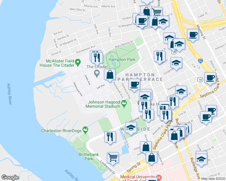 map of restaurants, bars, coffee shops, grocery stores, and more near 554 Huger Street in Charleston