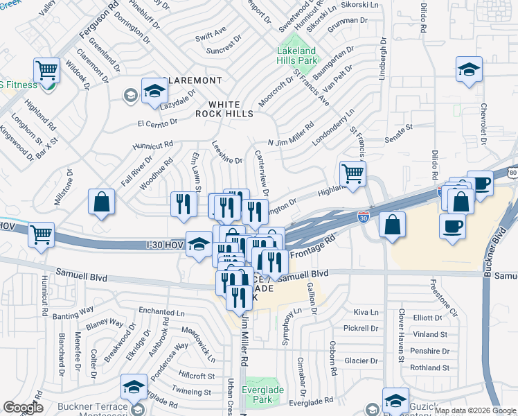 map of restaurants, bars, coffee shops, grocery stores, and more near 3116 Sharpview Lane in Dallas