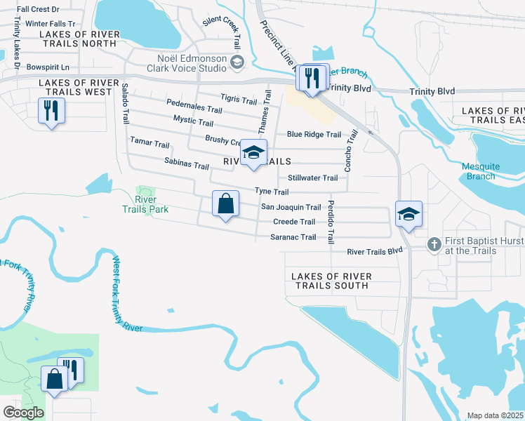 map of restaurants, bars, coffee shops, grocery stores, and more near 8900 San Joaquin Trail in Fort Worth